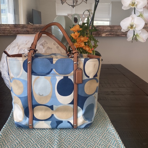 Coach Handbags - Coach Purse (Blues,Tan,Brown) w/Silver Hardware.
